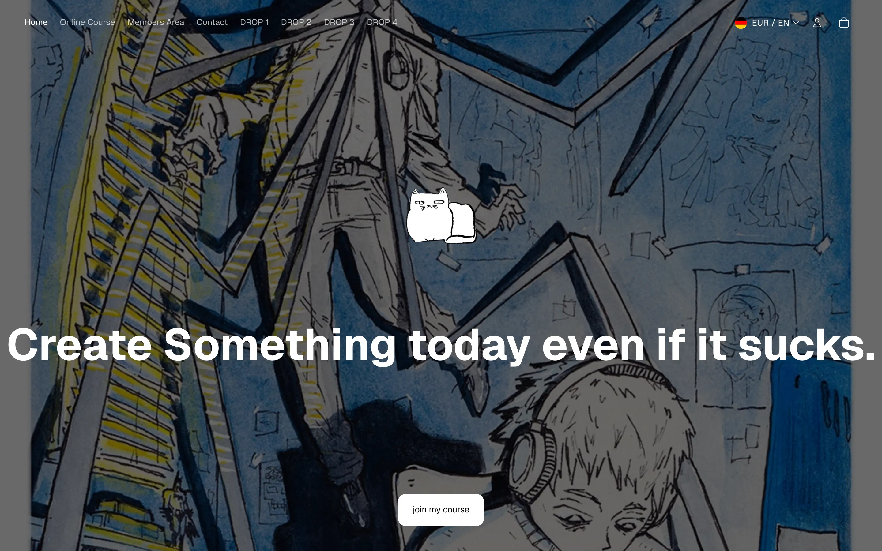 Startseite von flocreates.shop: Zeichnung des Künstlers, Katzen-Logo und die Headline „Create Something today even if it sucks.“
