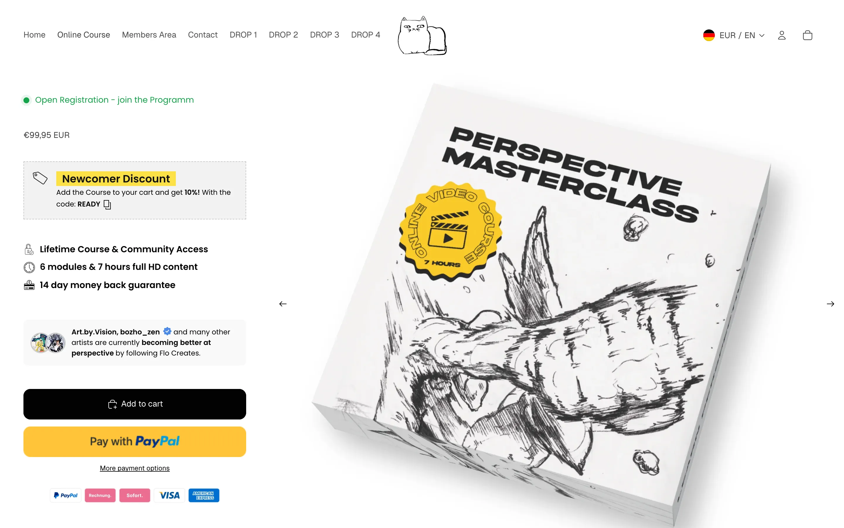 Kursseite der Perspective Masterclass mit Preis, Rabatthinweis, Warenkorb- und PayPal-Button