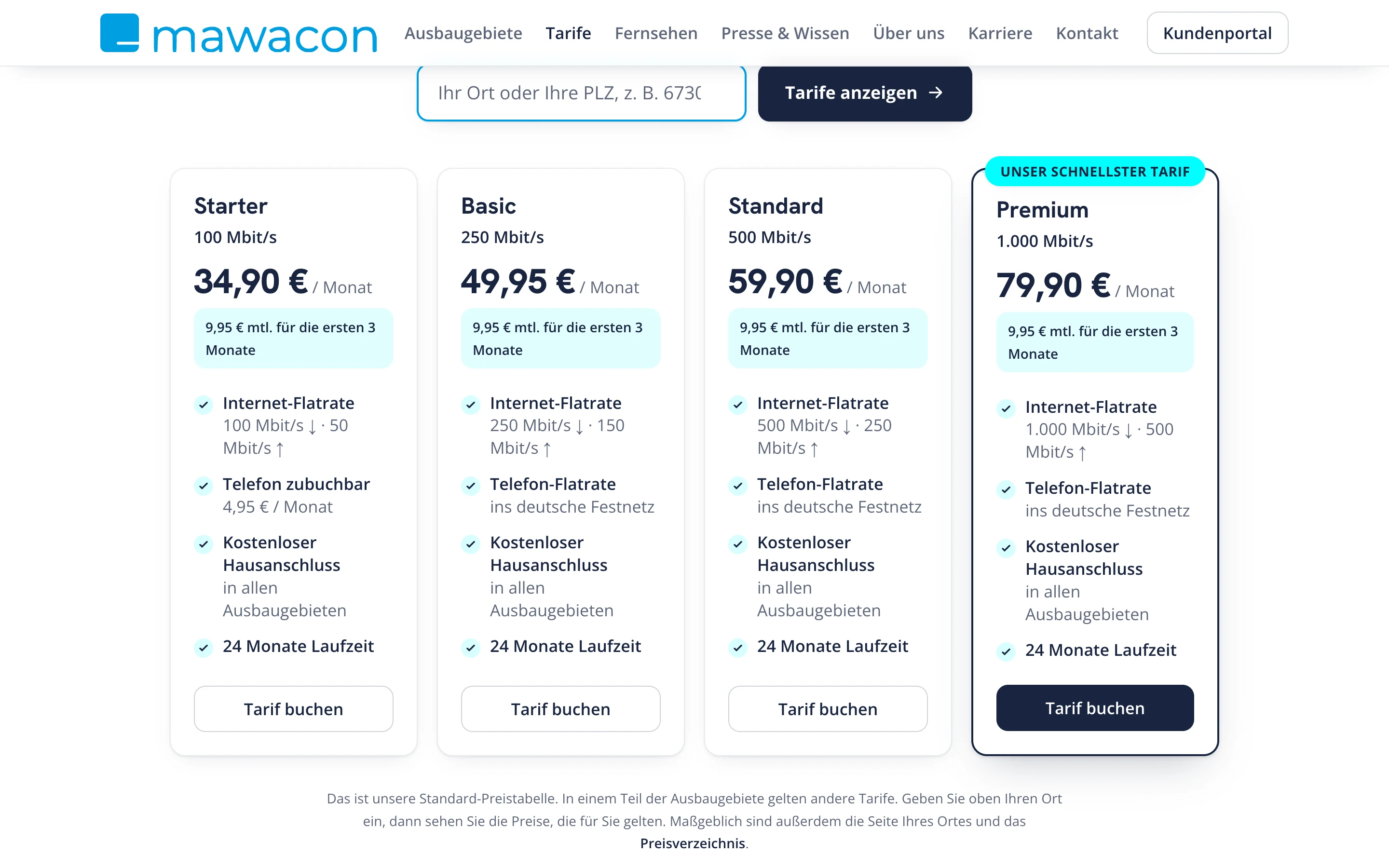 Tarifübersicht von Mawacon mit vier Glasfaser-Tarifen