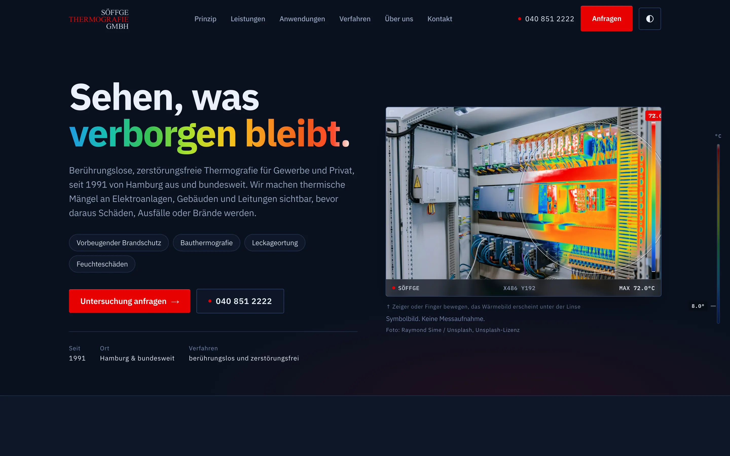 Startseite von Söffge Thermografie: Überschrift „Sehen, was verborgen bleibt.“ mit Lupe in Wärmebildansicht über einem Schaltschrank, als Symbolbild gekennzeichnet